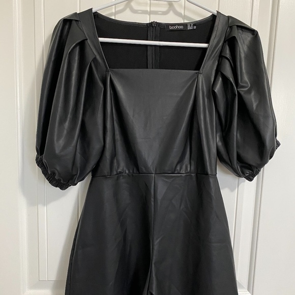 PU Leather Look Puff Sleeve Romper - Picture 1 of 4